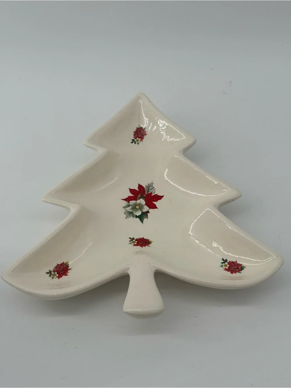 Cream Ceramic Christmas Tree Serving Tray with Red Poinsettia Motif